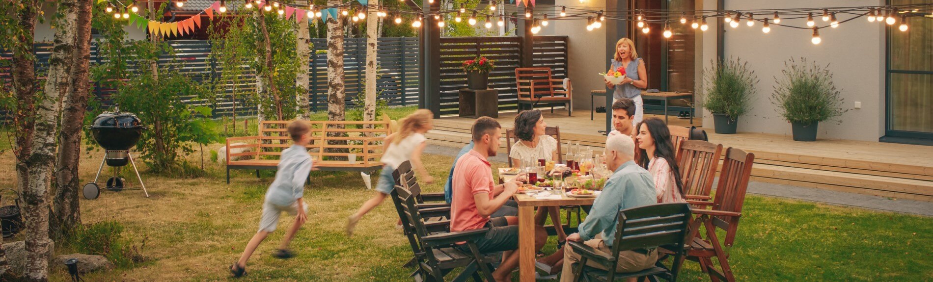 A family eating together in festive setting